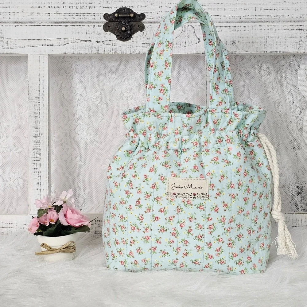 Jovie Mae XO Blush Garden Floral Drawstring Tote Bag Cottagecore Handmade